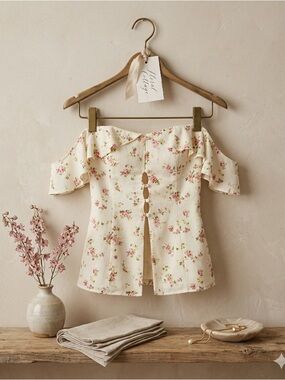 Reformation Delaney Top Elsie Floral Cream Size 10 Ruffle NWT